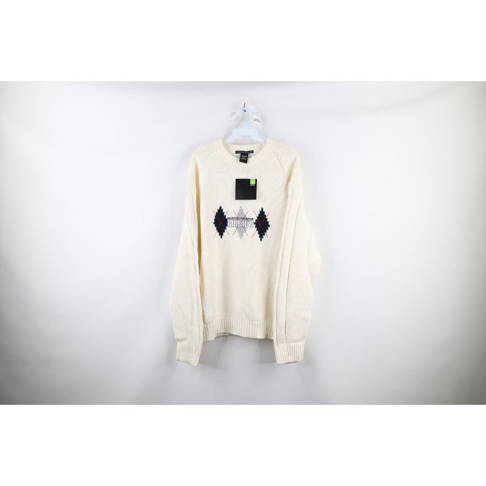 NOS Vtg 90s Marithe Francois Girbaud Mens L Spell Out Argyle Knit Sweater Cream